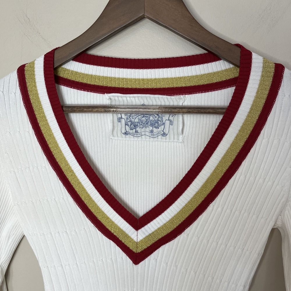 VTG Y2K Guess Jeans Ribbed Sweater Women White Red Gold Deep V Varsity Preppy - Picture 4 of 9